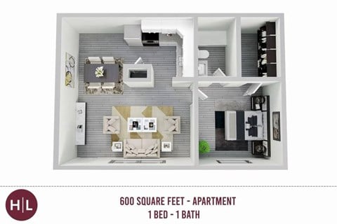 Floor plan for 1 bed, 1 bath, 600 sqft